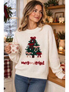 Merry and Bright Christmas Tree Bow Knit Sweater Crochet Letter Holiday Pullover